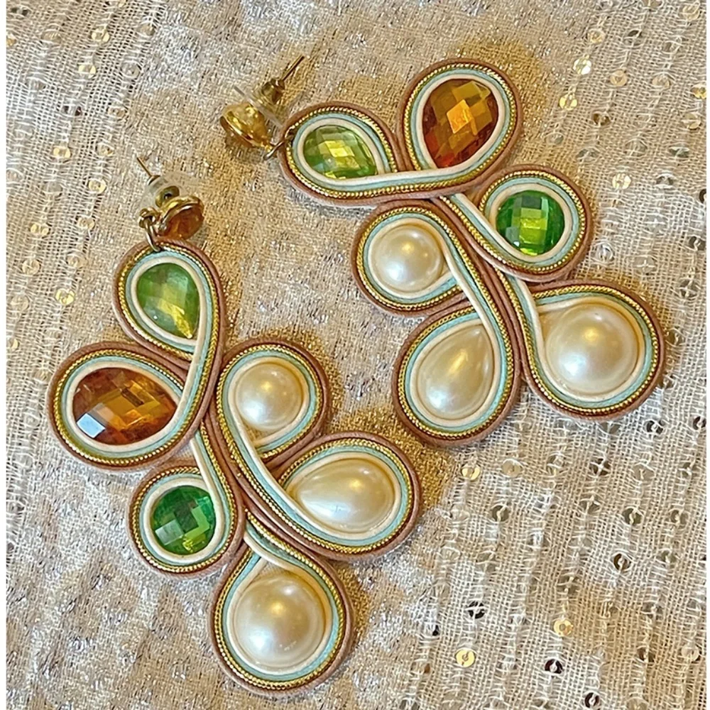 Handmade Soutache Statement Earrings Pearl Crystal Drop